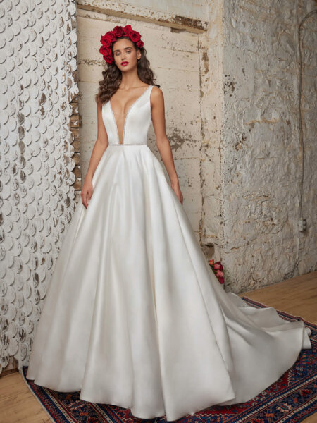 Calla Blanche 123232 Solana plain satin ball gown with diamante detail, v plunge neckline, low V back and detachable long sleeves front sleeveless view.