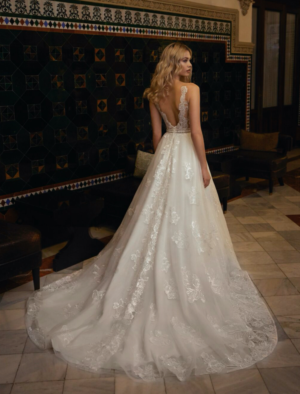 Libelle Bridal Jade A line wedding dress with low V ack and sparkle floral lace back view.