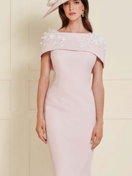 John Charles 66503 fitted Mother of the Bride dress in petal pink with ivory floral shoulder detail and statement tie at the back Bardot collar.