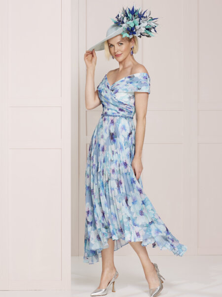 John Charles 65510 Mother of the Bride dress with floaty floral chiffon A line skirt and Bardot bodice in waterlilly blues.