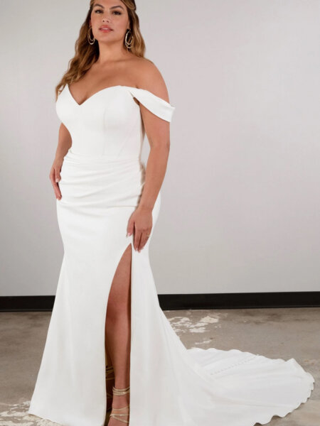 Essense of Australia D3864 plain fitted of the shoulder wedding dress with flattering boned bodice and rouched skirt with leg split front view available in plus size.