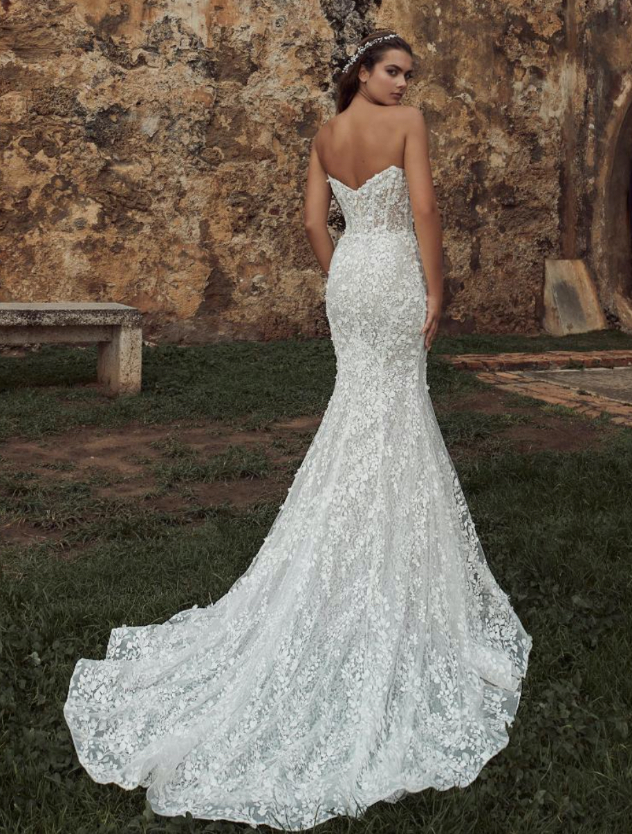 Calla Blanche Elmira 123117 full floral lace fitted wedding dress with beaded plunge sweetheart neckline back view.