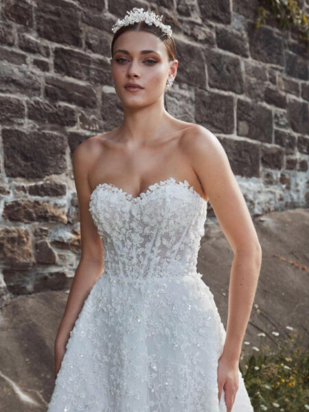 Calla Blanche Josephine 124104 beautiful ball gown wedding dress in beaded lace with sweetheart neckline strapless option close up front view.