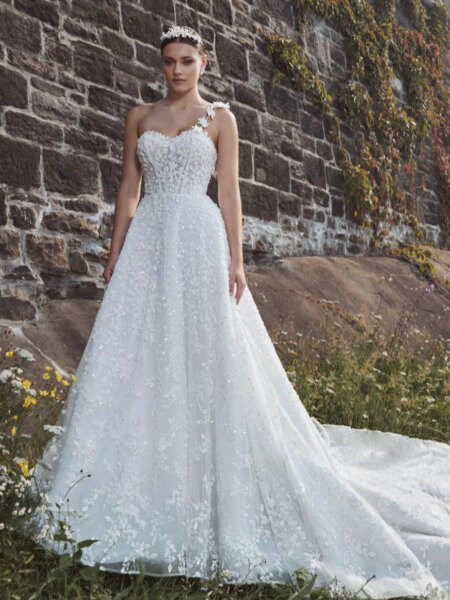 Calla Blanche Josephine 124104 beautiful ball gown wedding dress in beaded lace with sweetheart neckline optional floral strap front view.