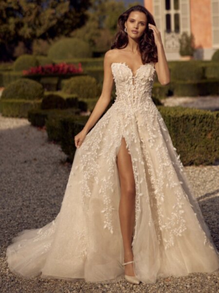 Randy Fenoli Goddess wedding dress Huddersfield boutique with boned drop waist bodice and leg split in beaded sparkle fabric with applique front view available in Huddersfield West Yorkshire.