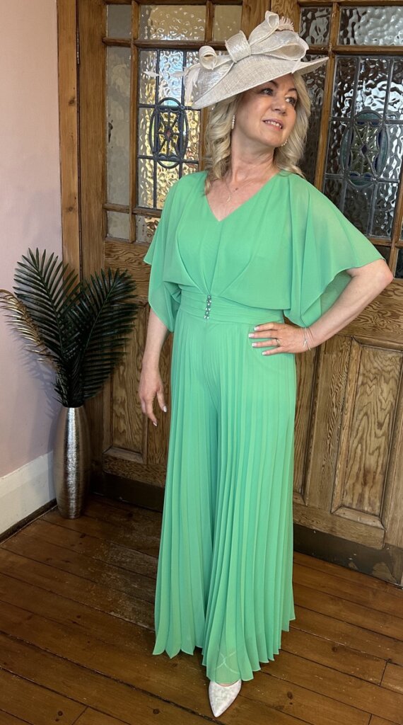 Lizabella 5081-20 sale Mother of the Bride and Groom floaty pleated Jump suit in jade green chiffon occasion wear perfect for summer weddings the races cruises and parties front.