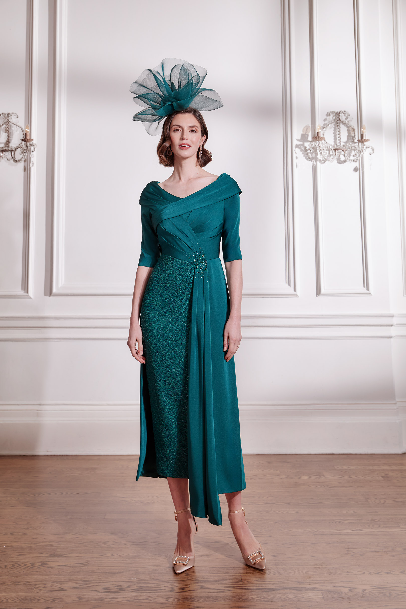 John charles 29289 mother of the bride and groom dress in forest green fitted skirt with sleeves and cocktail style overskirt perfect occasion wear for weddings cruises the races and parties.