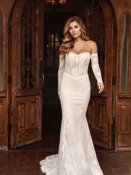 Essense of Australia D4287 fitted lace wedding dress with strapless basque bodice and detachable long sleeves bodice front view.