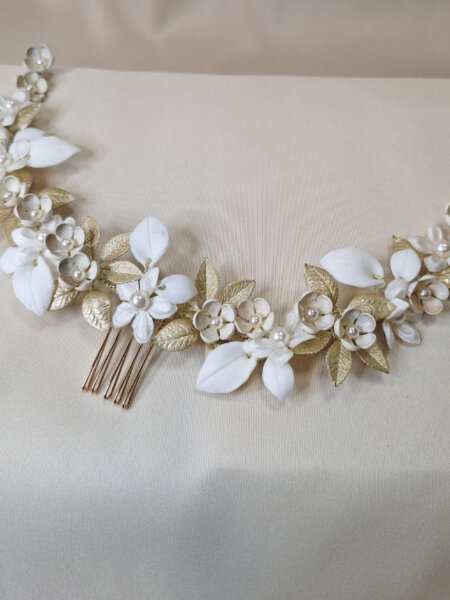 Arianna AR839 Katherine floral hair vine with comb gold coloured leaves ivory flowers and pearls perfect for all wedding hairstyles.