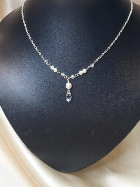 Arianna ARJ080 handmade pearl and crystal drop necklace on a silver chain.