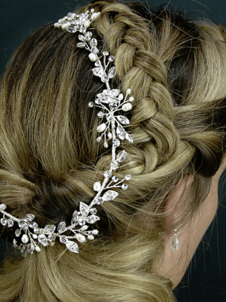 Twilight Designs TLH3214 handmade floral bridal hair vine with ivory flowers gold colured leaves and pearl beads can be entwined with any wedding hairstyle.