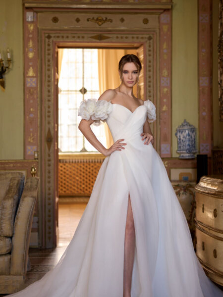 Randy Fenoli Idalia stunning plain organaza ballgown wedding dress with sweetheart neckline detachable drop 3D floral sleeves and statement 3D floral detail on the train front view.