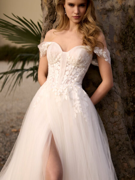 Randy Fenoli Juliet A-line Wedding Dress in tulle with pretty lace detail cascading onto the plain skirt with drop straps the ultimate in bridal romance front close up view.