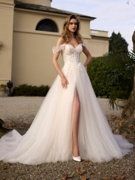 Randy Fenoli Juliet A-line Wedding Dress in tulle with pretty lace detail cascading onto the plain skirt with drop straps the ultimate in bridal romance front view.