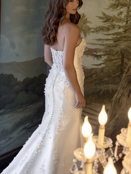 Essense of Australia D4257A plain fitted wedding dress with three dimensional floral detail, scoop neckline and stylish illusion back full length back view.