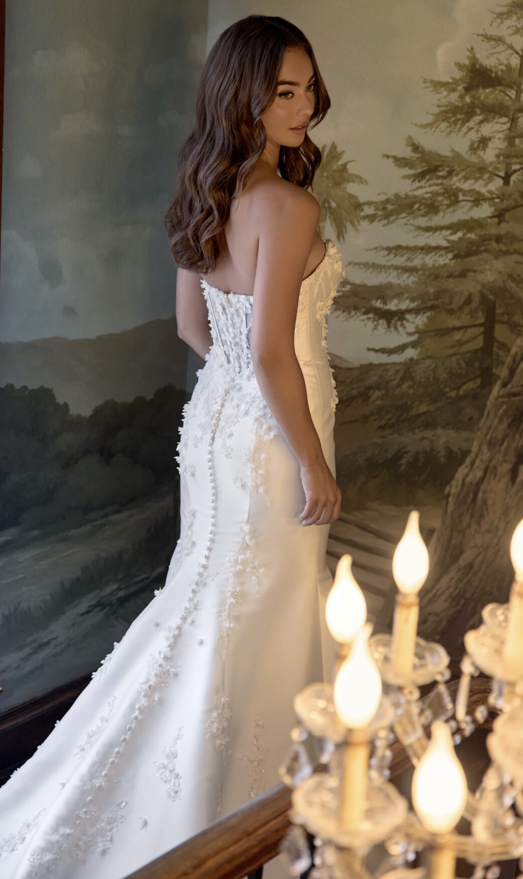 Essense of Australia D4257A plain fitted wedding dress with three dimensional floral detail, scoop neckline and stylish illusion back full length back view.