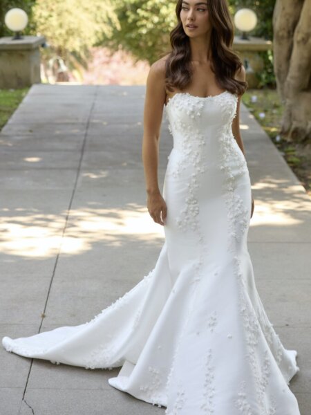 Essense of Australia D4257A plain fitted wedding dress with three dimensional floral detail, scoop neckline and stylish illusion back full length front view.