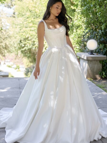 Essense of Australia D4418 ballgown wedding dress with square neckline pearl beaded basque bodice and low square back full length front view.