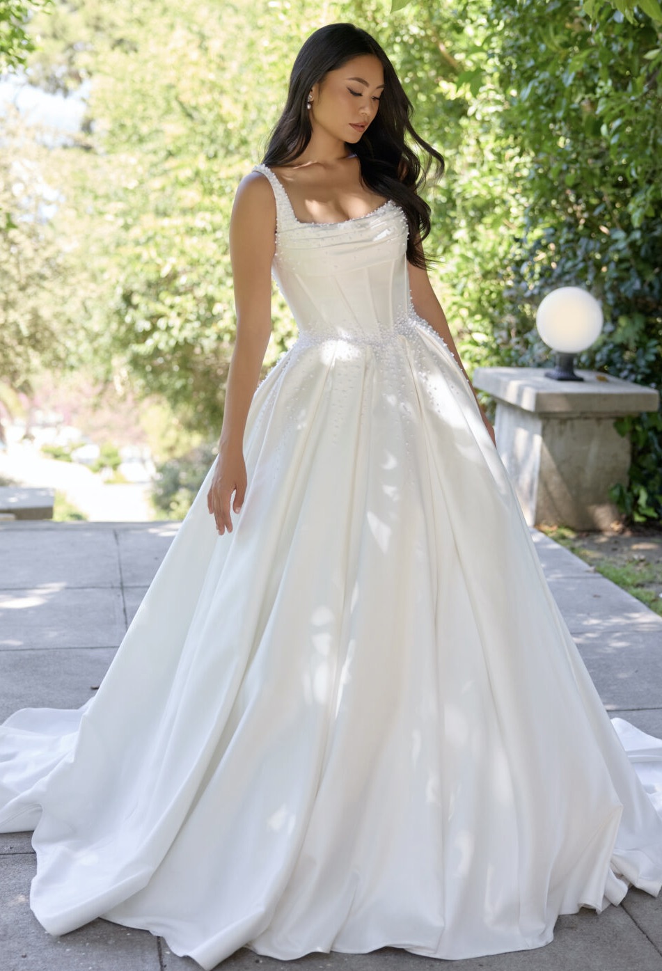 Essense of Australia D4418 ballgown wedding dress with square neckline pearl beaded basque bodice and low square back full length front view.