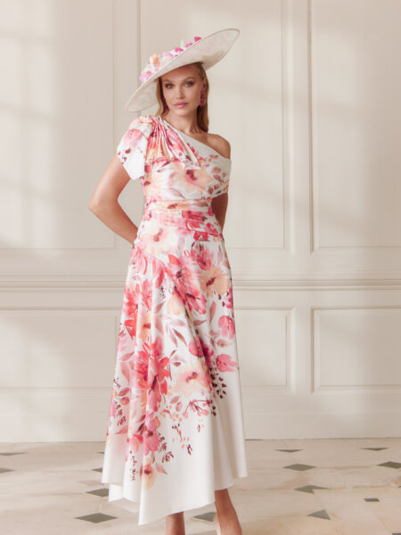 John Charles 66686 A line mother of the dress in sunset floral on ivory background occasion wear for weddings races cruises and black tie events front view with video.