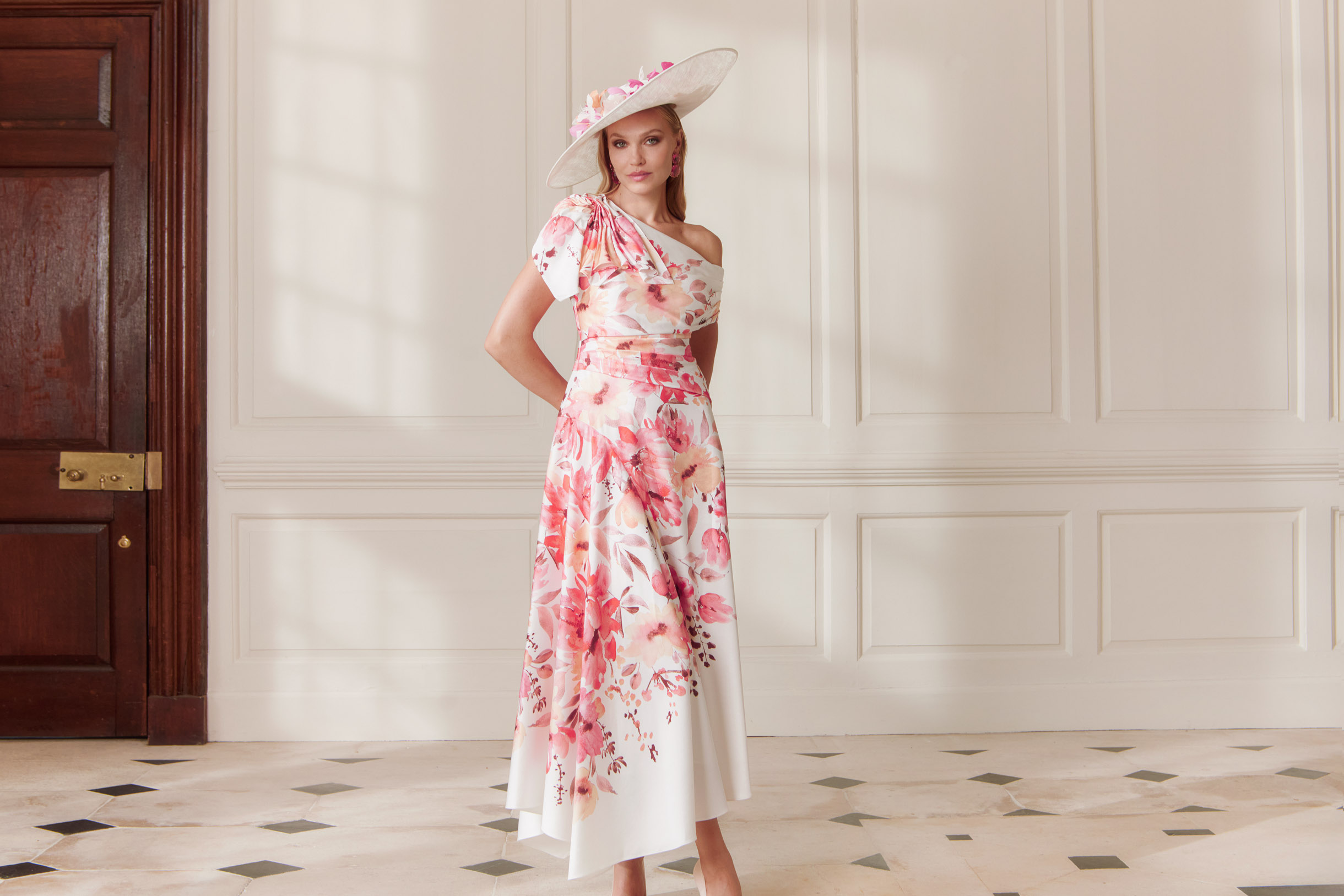 John Charles 66686 A line mother of the dress in sunset floral on ivory background occasion wear for weddings races cruises and black tie events front view with video.