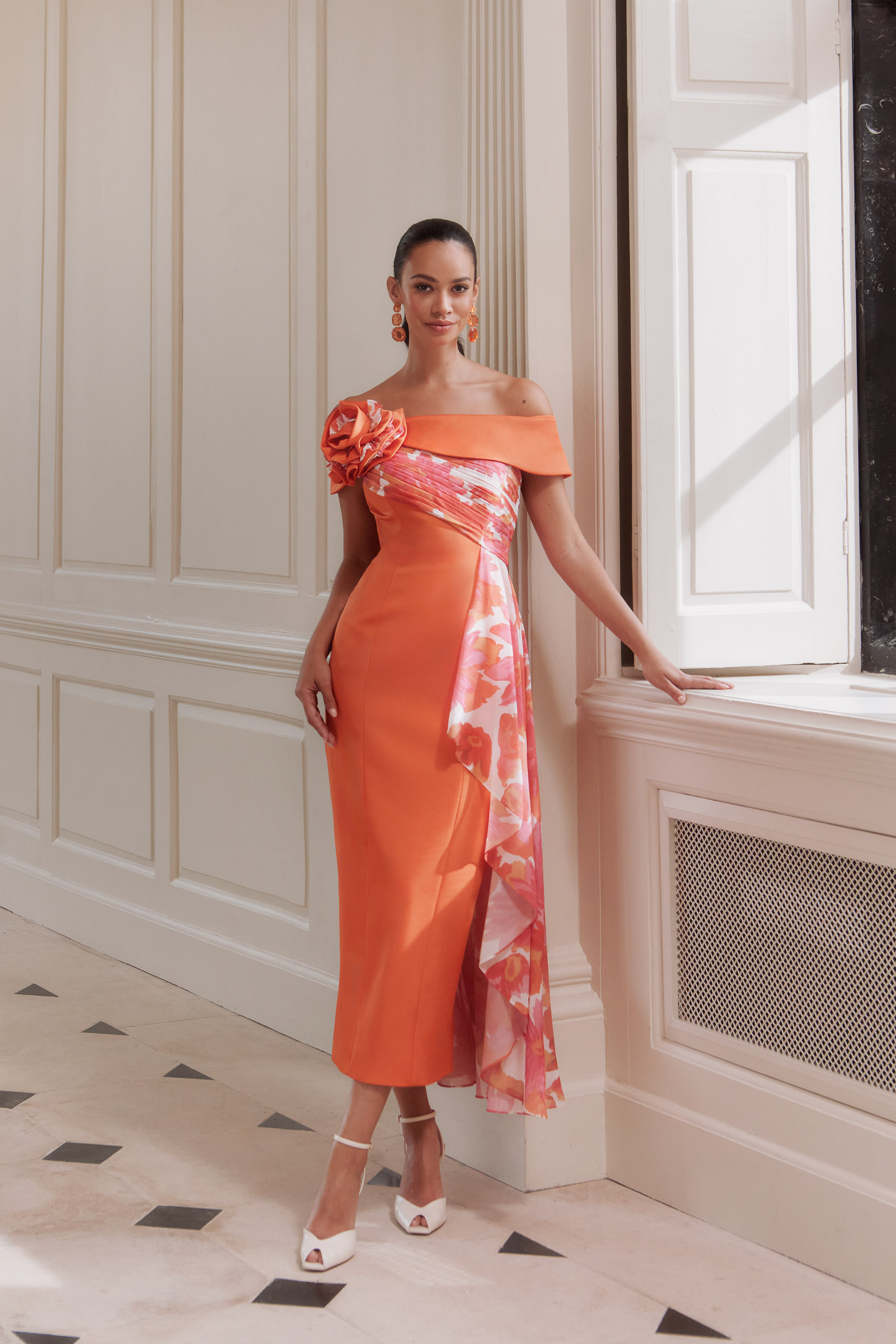 John Charles 66719A mother of the bride occasion wear dress with plain fitted silhouette and floral overskirt front view with video.