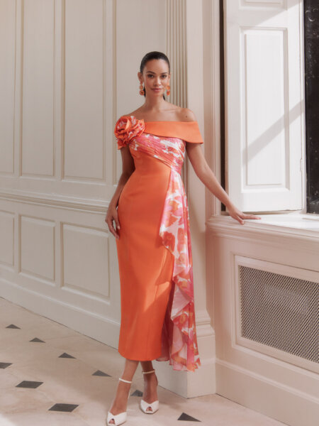 John Charles 66719A mother of the bride occasion wear dress with plain fitted silhouette and floral overskirt front view.