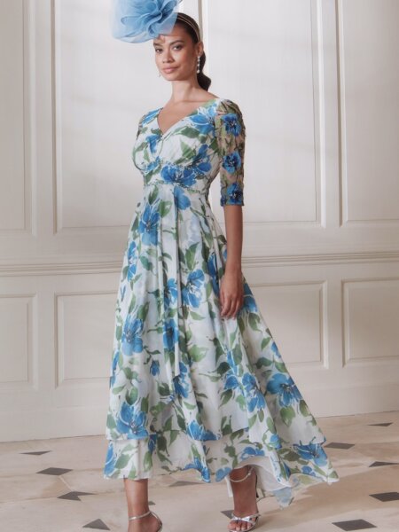 John Charles 66745 floaty mother of the bride dress in blues and greens perfect occasion wear for weddings cruises races and garden parties available in plus size 24.