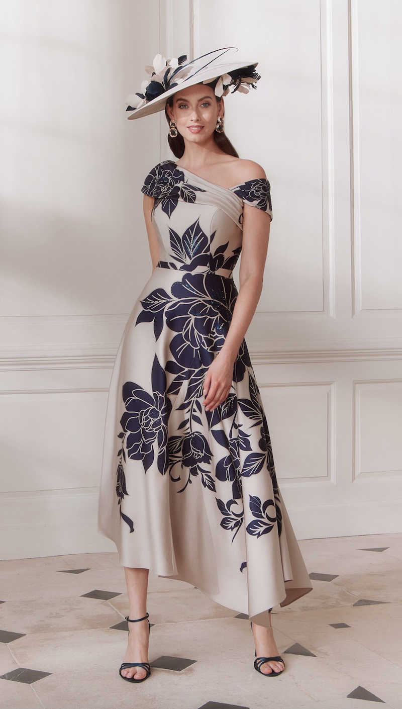 John Charles 66770 floral A line mother of the bride dress in oyster and navy video.