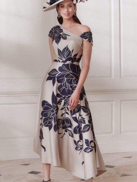 John Charles 66770 floral A line mother of the bride dress in oyster and navy.