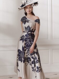 John Charles 66770 floral A line mother of the bride dress in oyster and navy Huddersfield boutique.