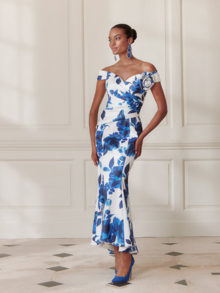 John charles fit and flare Mother of the bride dress in carnation blue perfect occasionwear for weddings races cruises and special events.