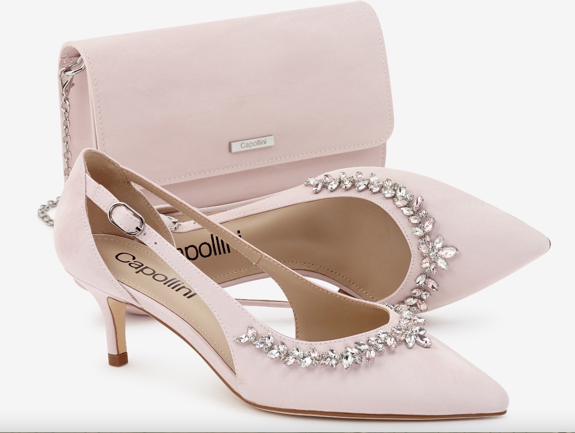 Pale pink shoes and bag to match John Charles petal pink mother of the bride dresses.