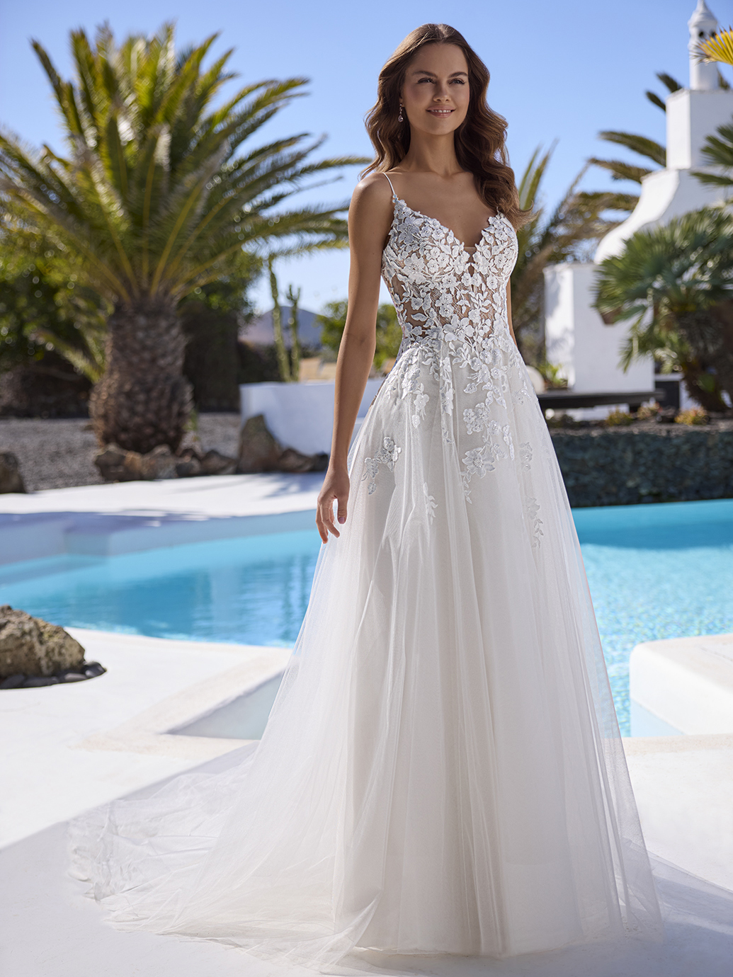 Enzoani Love Eternity wedding dress A line with lace bodice sweetheart neckline and spaghetti straps. Front full length view, perfect for a Summer wedding abroad unique West Yorkshire bridal store near Huddersfield with catwalk.