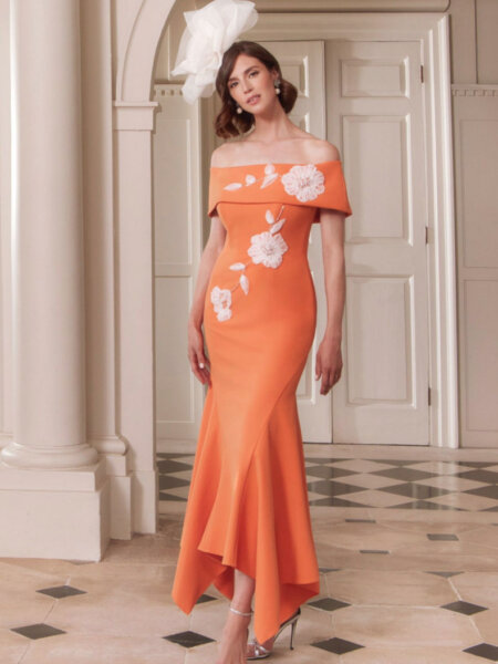 John Charles 29312 Mother of the Bride dress off the shoulder fluted midi in tangerine with ivory detail front view.