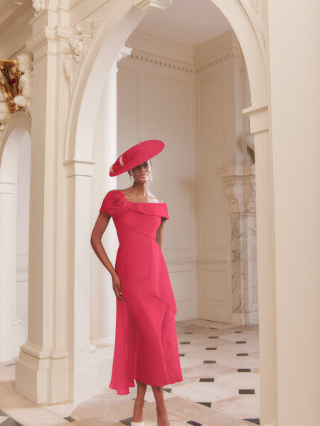 John Charles 66719B fitted mother of the Bride dress in hot pink crepe with chiffon overskirtElegant, modern and sophisticated occasion wear for weddings, the races, cruises and black tie events with front view with video