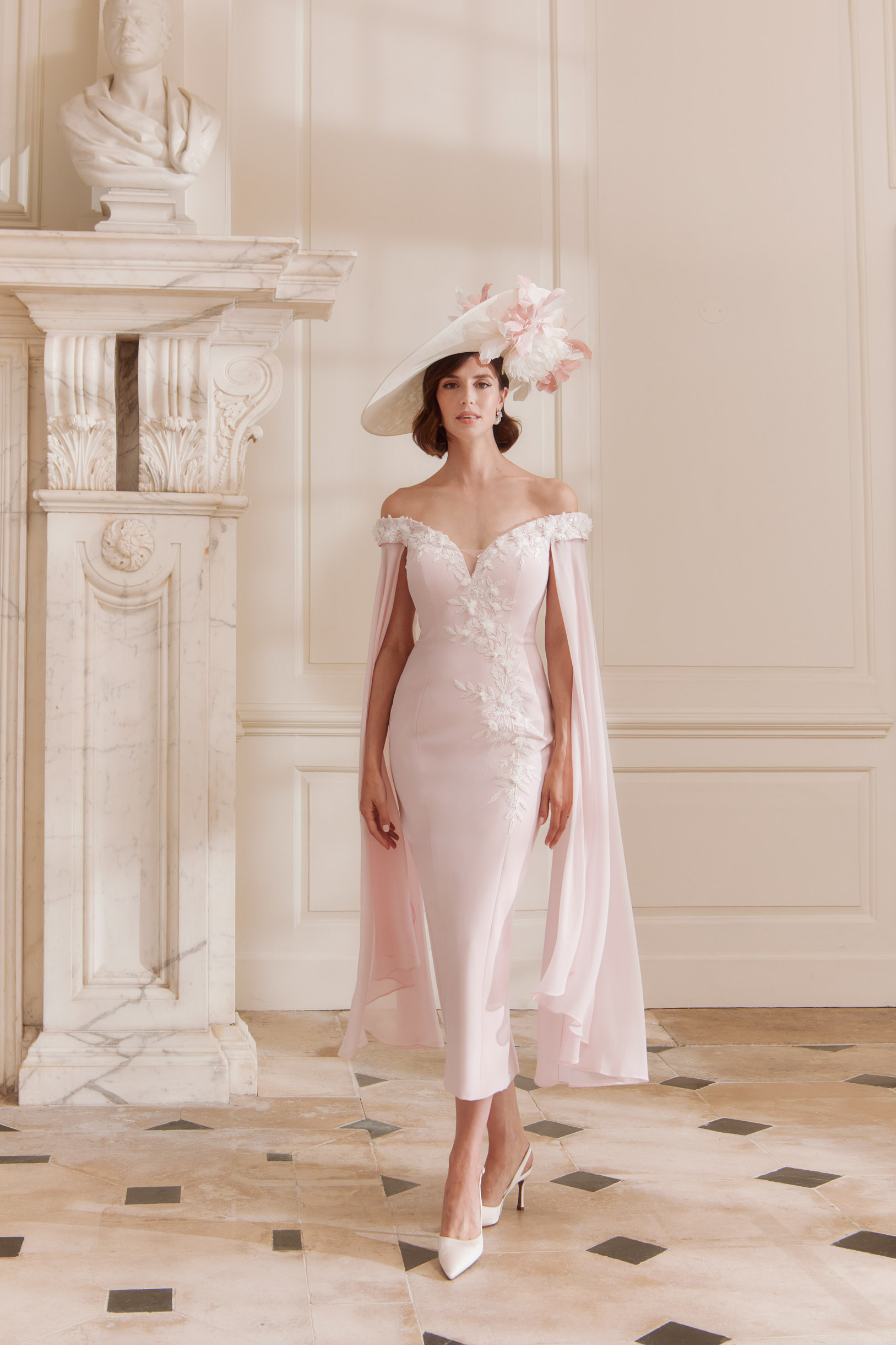 John Charles 66742 Mother of the bride dress with fired silhouette in pale pink with floaty chiffon cape sleeves and Bardot neckline Modern, elegant occasion wear Bridal Boutique near Huddersfield and Wakefield, West Yorkshire.
