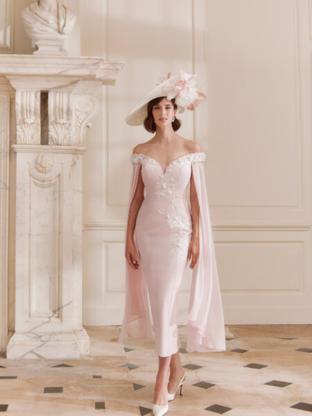 John Charles 66742 Mother of the bride dress with fired silhouette in pale pink with floaty chiffon cape sleeves and Bardot neckline Modern, elegant occasion wear Bridal Boutique near Huddersfield and Wakefield, West Yorkshire.