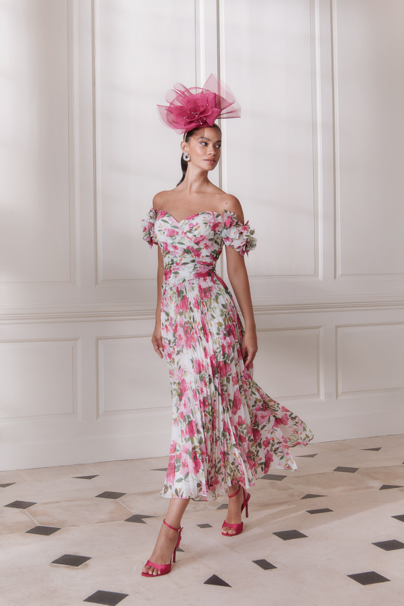 John Charles 66766 pretty Mother of the Bride A line dress in floaty floral pinks with off the shoulder neckline modern occasion wear for weddings, the races, cruises and black tie events video
