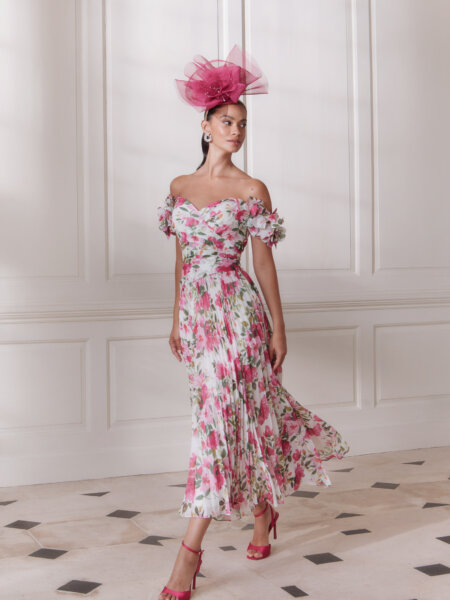 John Charles 66766 pretty Mother of the Bride A line dress in floaty floral pinks with off the shoulder neckline modern occasion wear for weddings, the races, cruises and black tie events.