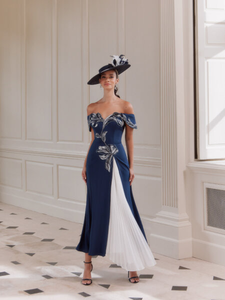 John Charles 66768 Mother of the Bride dress navy blue with ivory off the shoulder neckline with fit and flare skirt occasion wear for weddings ladies day at the races cruises and black tie events.