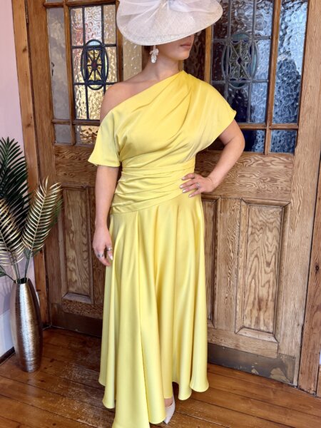 Maisonel 3138 A line mother of the bride dress in plain sunshine lemon with A symmetric necklineModern, elegant occasion wear for weddings, the races, cruises and black tie events. Matching hats, shoes and bags available. 