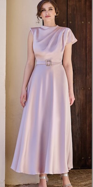 Sonia Penna 1260010 mother of the bride dress in a pretty pale pink with high neck and A line skirt.Modern occasion wear for weddings, the races, cruises and black tie events. Matching hats, shoes and bags available west Yorkshire bridal boutique near Huddersfield.