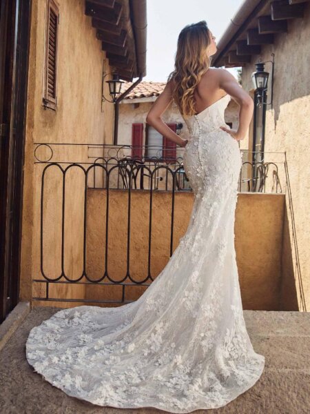 Calla Blanche Arietta 125251 fitted strapless wedding dress lace with basque bodice and dropped waistline Huddersfield bridal boutique West Yorkshire.