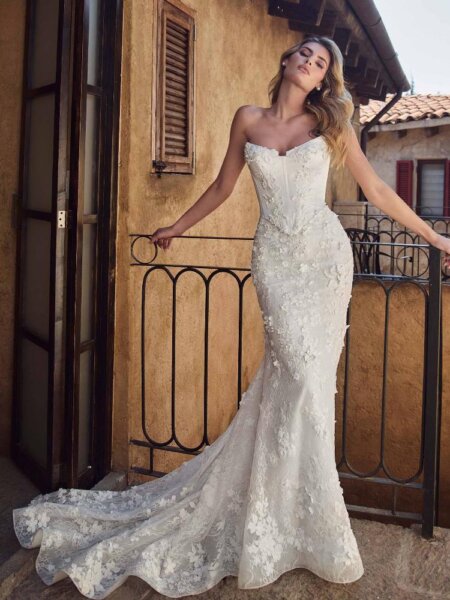 Calla Blanche Arietta 125251 fitted strapless wedding dress lace with basque bodice and dropped waistline Huddersfield bridal boutique West Yorkshire.