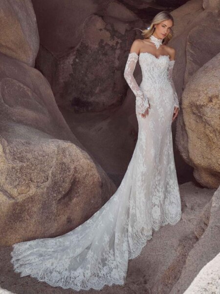 Calla Blanche Coleen 126102 sparkly lace fitted wedding dress with optional detachable sleeves full length front view Huddersfield bridal boutique.