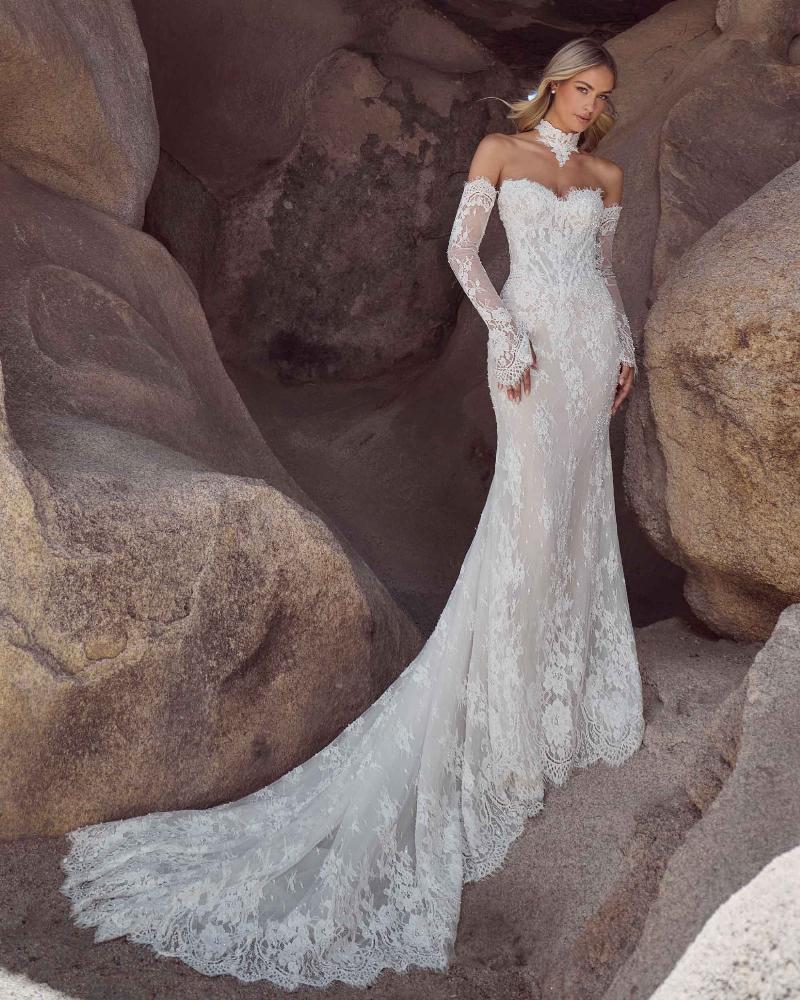 Calla Blanche Coleen 126102 sparkly lace fitted wedding dress with optional detachable sleeves full length front view Huddersfield bridal boutique.