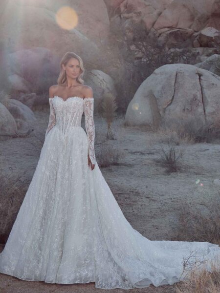 Calla Blanche 126105 Bianca wedding dress sparkly lace ball gown with basque bodice and optional long sleeves full length front view Huddersfield Bridal boutique West Yorkshire.