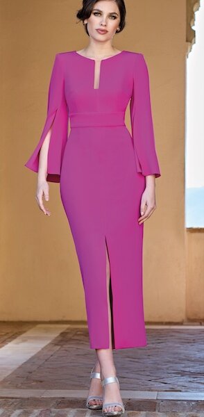 Sonia Penna 1230030 mother of the bride dress in plain fuschia pink with fitted silhouette and elegant sleevesModern occasion wear for weddings, the races, cruises and black tie events. Matching hats, shoes and bags available west Yorkshire Bridal boutique near Huddersfield with video.