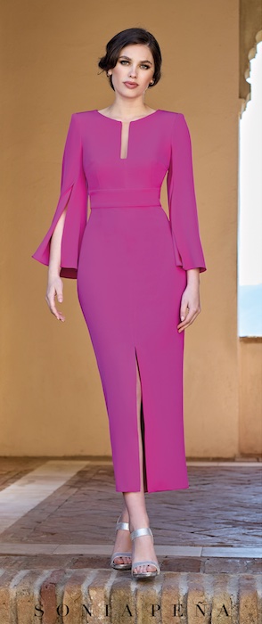 Sonia Penna 1230030 mother of the bride dress in plain fuschia pink with fitted silhouette and elegant sleevesModern occasion wear for weddings, the races, cruises and black tie events. Matching hats, shoes and bags available west Yorkshire Bridal boutique near Huddersfield with video.